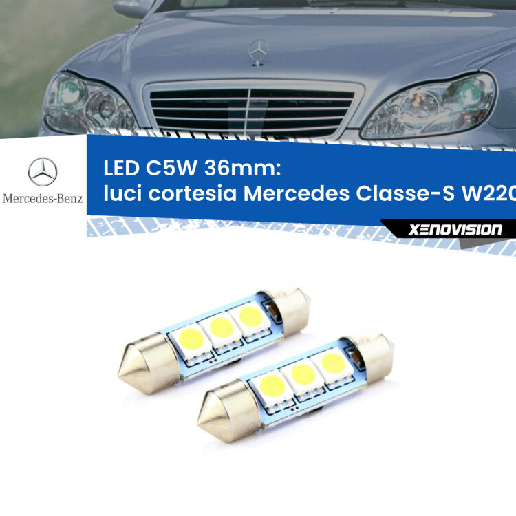 <strong>Luci Cortesia LED per Mercedes Classe-S</strong> W220 1998 - 2005. Coppia lampade <strong>C5W</strong> 36mm estremamente longeve.