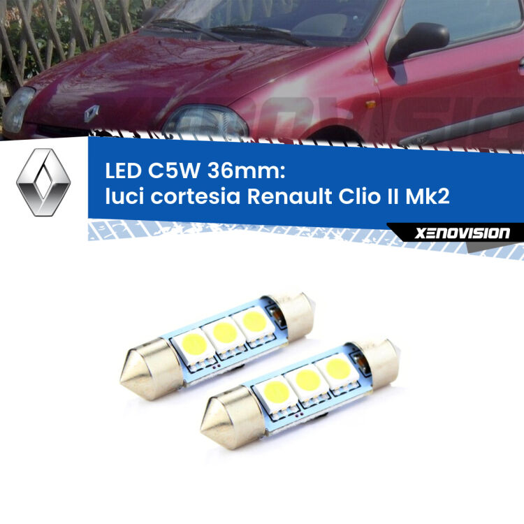 <strong>Luci Cortesia LED per Renault Clio II</strong> Mk2 1998 - 2004. Coppia lampade <strong>C5W</strong> 36mm estremamente longeve.