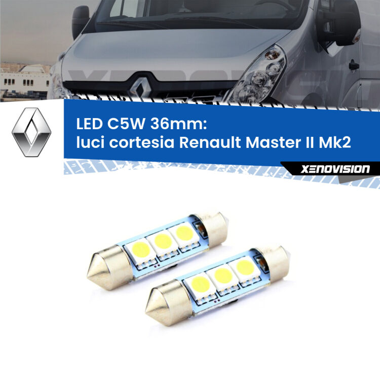 <strong>Luci Cortesia LED per Renault Master II</strong> Mk2 1998 - 2009. Coppia lampade <strong>C5W</strong> 36mm estremamente longeve.