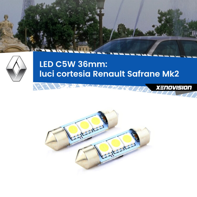 <strong>Luci Cortesia LED per Renault Safrane</strong> Mk2 1996 - 2000. Coppia lampade <strong>C5W</strong> 36mm estremamente longeve.