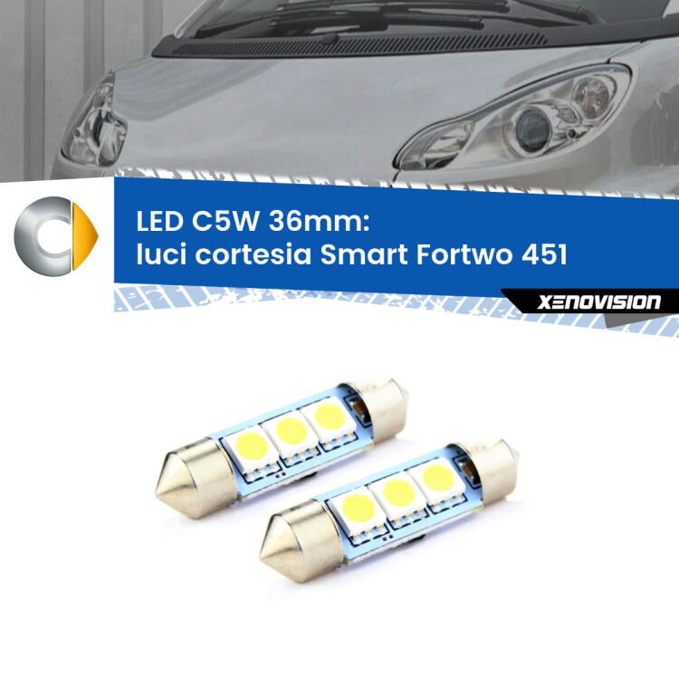 <strong>Luci Cortesia LED per Smart Fortwo</strong> 451 2007 - 2014. Coppia lampade <strong>C5W</strong> 36mm estremamente longeve.