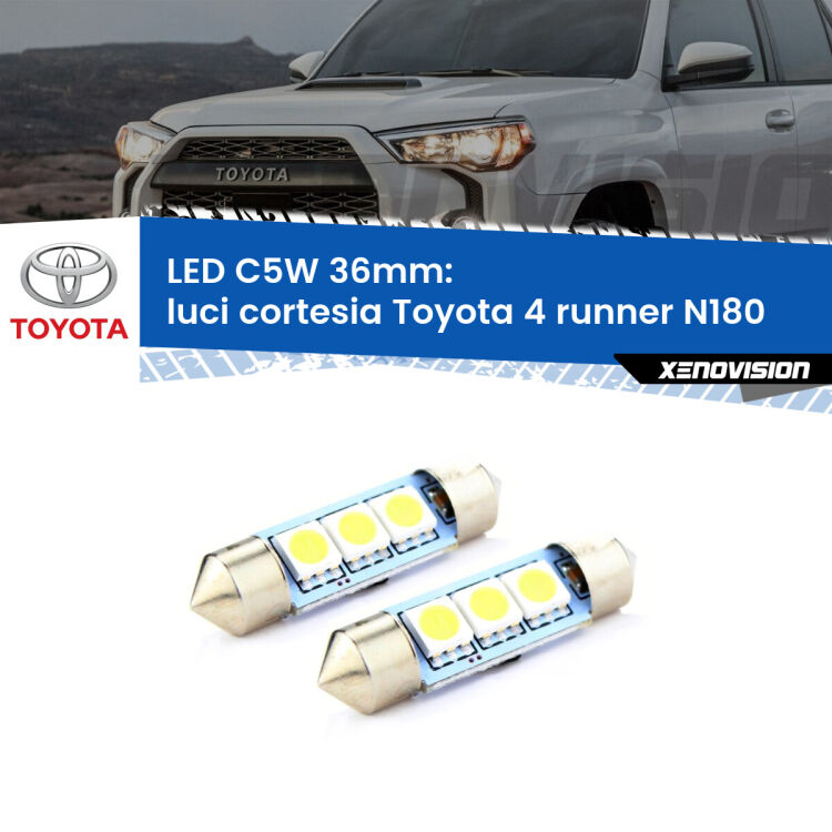 <strong>Luci Cortesia LED per Toyota 4 runner</strong> N180 1997 - 2002. Coppia lampade <strong>C5W</strong> 36mm estremamente longeve.