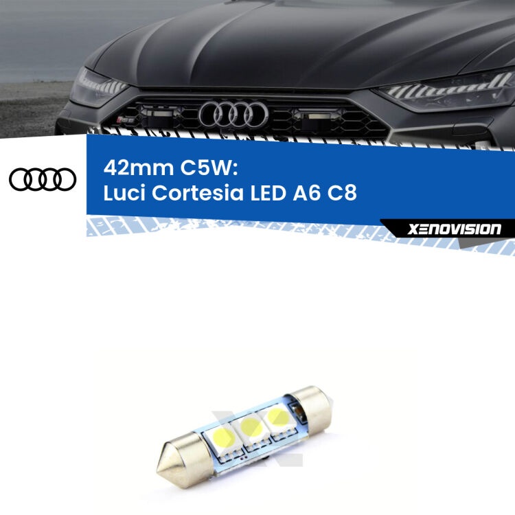 Lampadina eccezionalmente duratura, canbus e luminosa. C5W 42mm perfetto per Luci Cortesia LED Audi A6 (C8) 2018 in poi<br />.