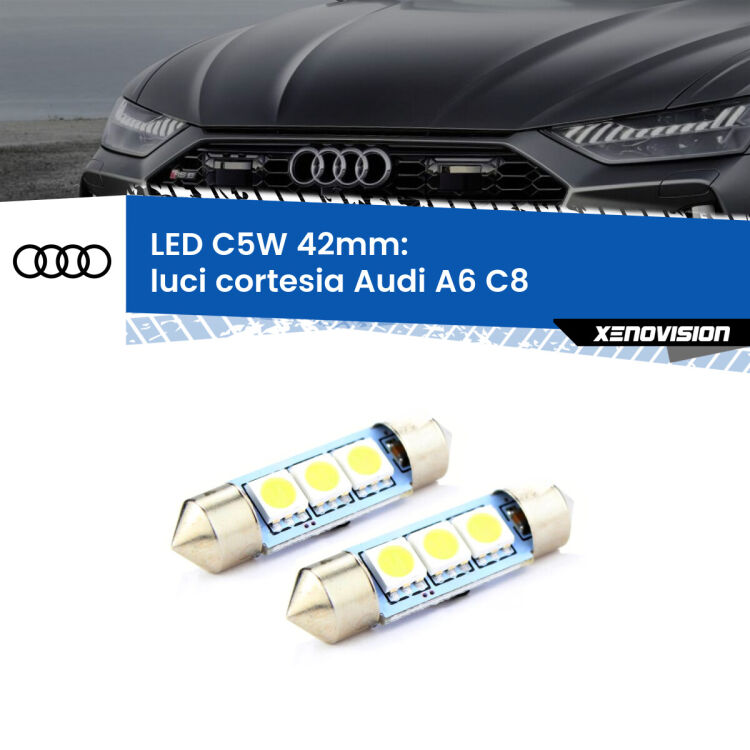 <strong>Luci Cortesia LED per Audi A6</strong> C8 2018 in poi. Coppia lampade <strong>C5W</strong> 42mm estremamente longeve.