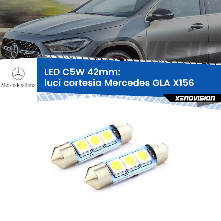 <strong>Luci Cortesia LED per Mercedes GLA</strong> X156 posteriori. Coppia lampade <strong>C5W</strong> 42mm estremamente longeve.