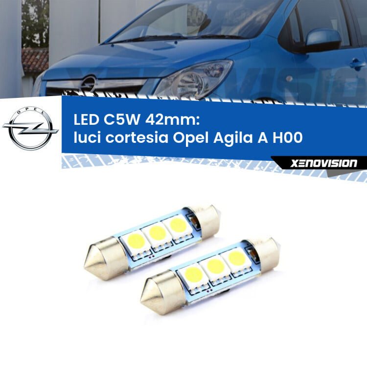 <strong>Luci Cortesia LED per Opel Agila A</strong> H00 2000 - 2007. Coppia lampade <strong>C5W</strong> 42mm estremamente longeve.