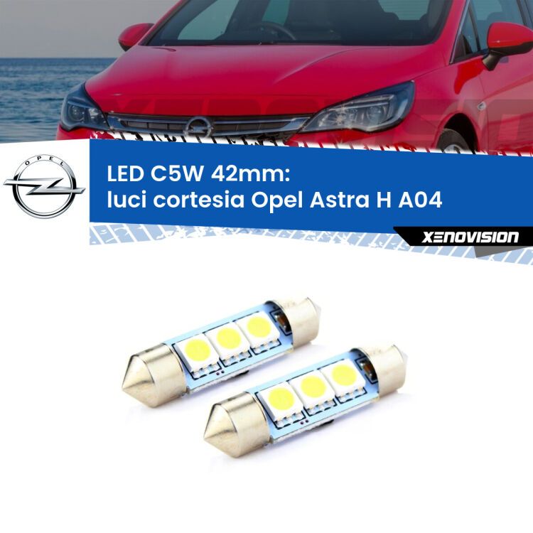 <strong>Luci Cortesia LED per Opel Astra H</strong> A04 anteriori. Coppia lampade <strong>C5W</strong> 42mm estremamente longeve.