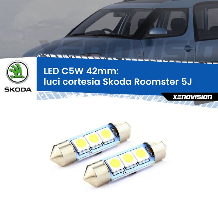 <strong>Luci Cortesia LED per Skoda Roomster</strong> 5J 2006 - 2015. Coppia lampade <strong>C5W</strong> 42mm estremamente longeve.