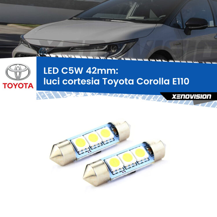 <strong>Luci Cortesia LED per Toyota Corolla</strong> E110 1997 - 2001. Coppia lampade <strong>C5W</strong> 42mm estremamente longeve.