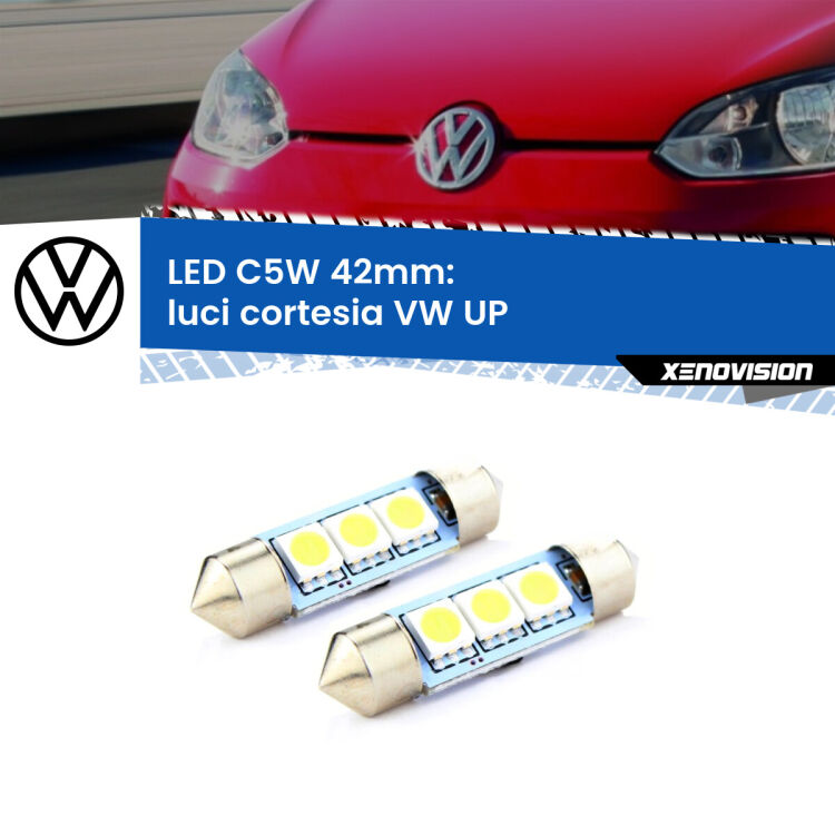 <strong>Luci Cortesia LED per VW UP</strong>  senza tettuccio. Coppia lampade <strong>C5W</strong> 42mm estremamente longeve.