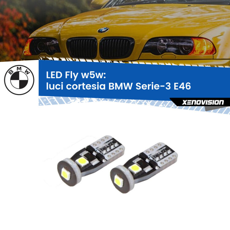 <strong>luci cortesia LED per BMW Serie-3</strong> E46 centrali. Coppia lampadine <strong>w5w</strong> Canbus compatte modello Fly Xenovision.