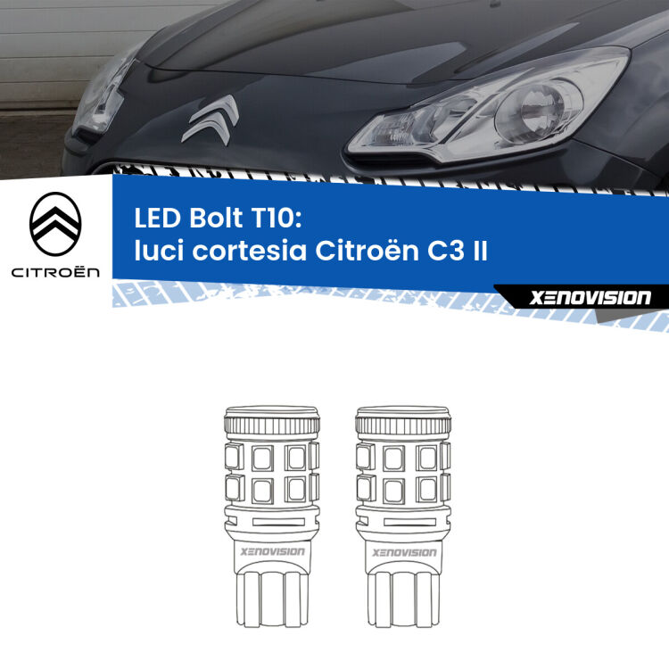 <strong>Luci Cortesia LED per Citroën C3</strong> II 2009 - 2016. Coppia lampade <strong>T10</strong> modello Bolt canbus.