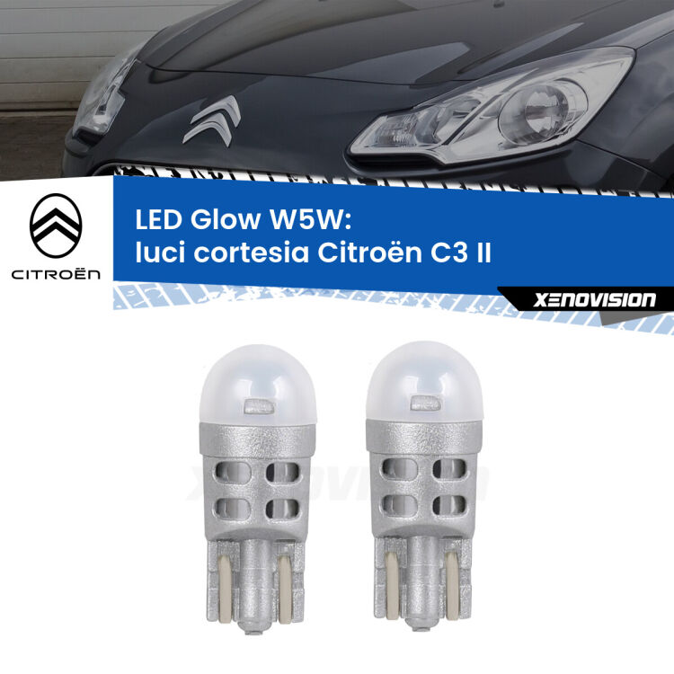 <strong>Luci Cortesia LED luce calda per Citroën C3</strong> II 2009 - 2016. Coppia lampade <strong>W5W</strong> modello Glow di Xenovision.