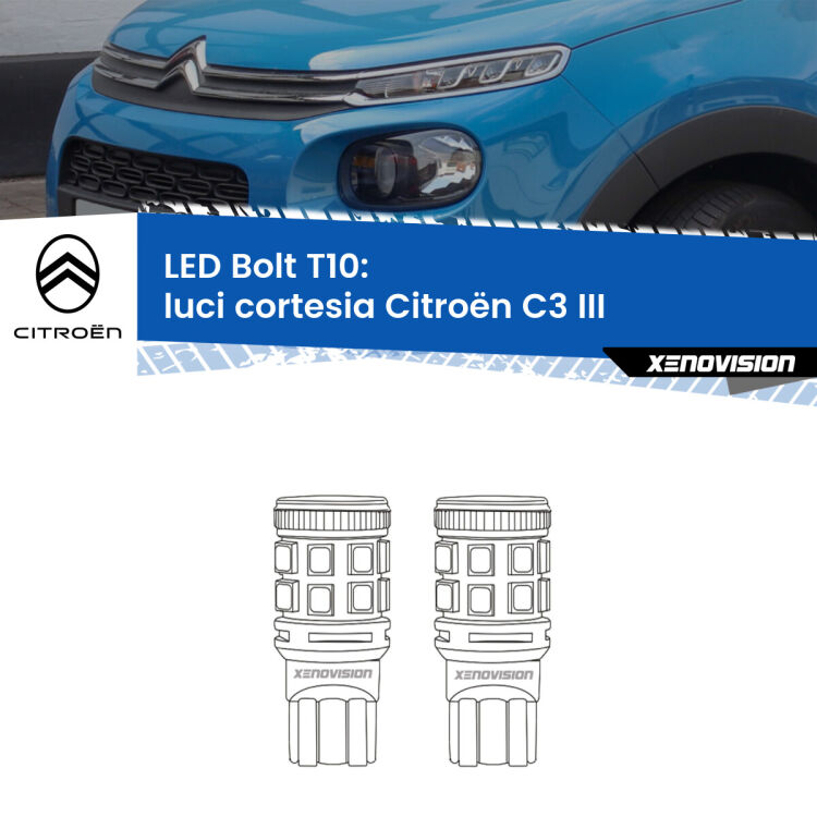 <strong>Luci Cortesia LED per Citroën C3</strong> III 2016 in poi. Coppia lampade <strong>T10</strong> modello Bolt canbus.