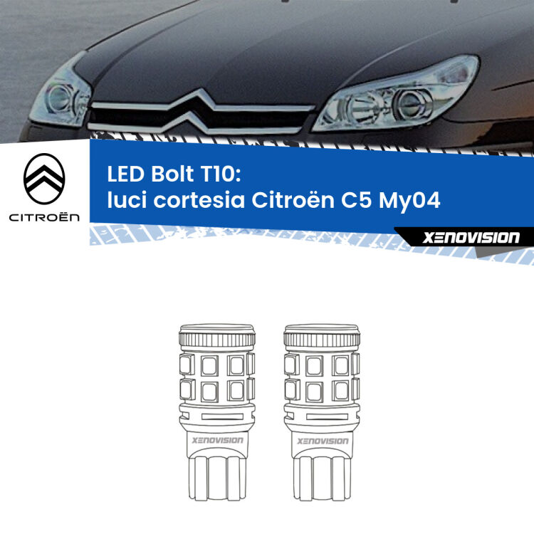 <strong>Luci Cortesia LED per Citroën C5</strong> My04 2004 - 2008. Coppia lampade <strong>T10</strong> modello Bolt canbus.