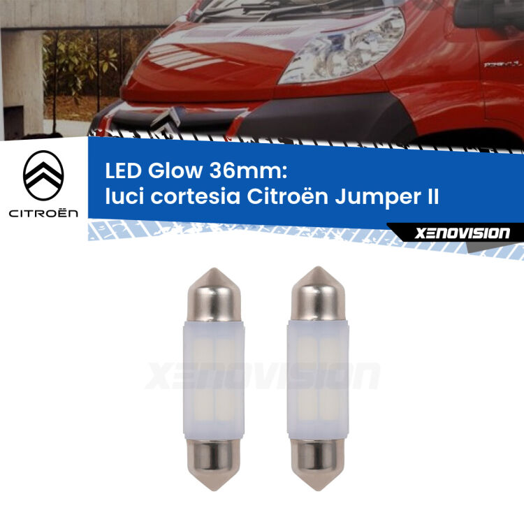 <strong>Luci Cortesia LED luce calda per Citroën Jumper</strong> II anteriori. Coppia lampade <strong>C5W</strong> 36mm modello Glow di Xenovision.