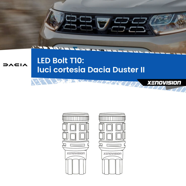 <strong>Luci Cortesia LED per Dacia Duster</strong> II 2017 in poi. Coppia lampade <strong>T10</strong> modello Bolt canbus.