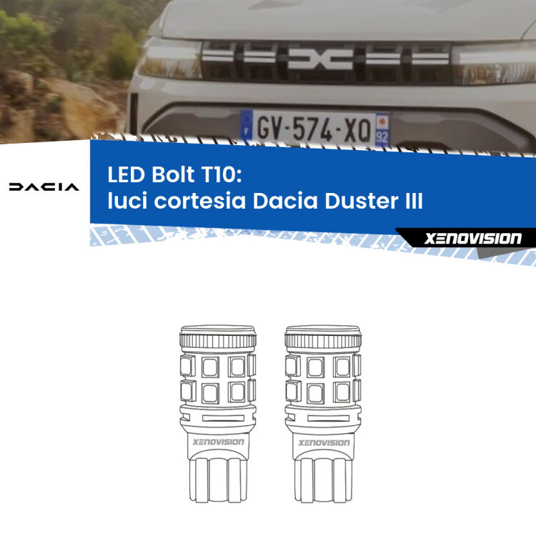 <strong>Luci Cortesia LED per Dacia Duster</strong> III 2024 in poi. Coppia lampade <strong>T10</strong> modello Bolt canbus.