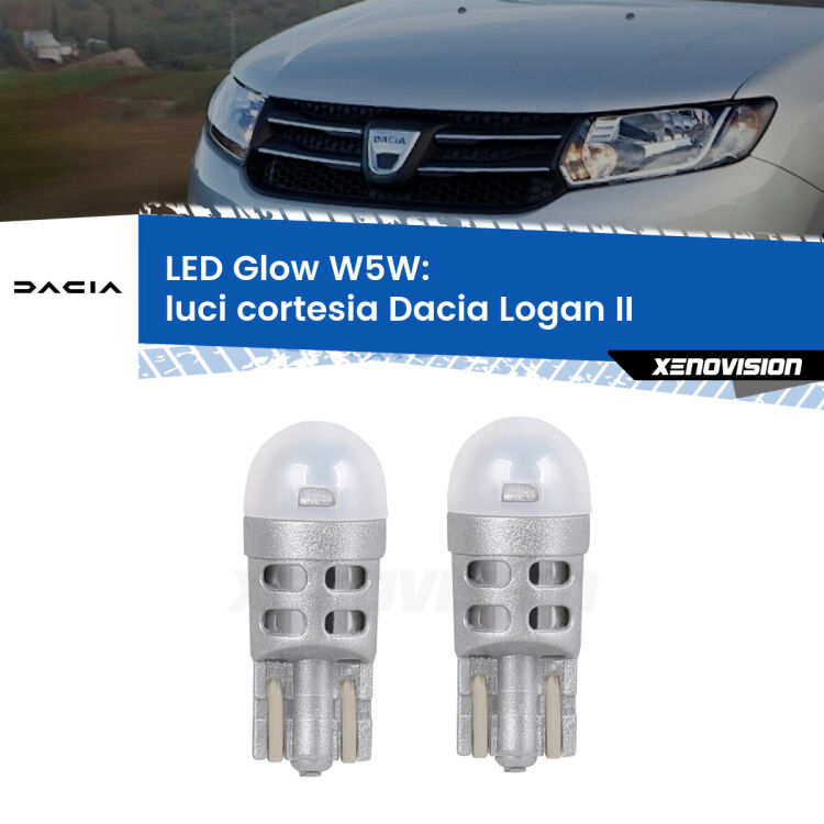 <strong>Luci Cortesia LED luce calda per Dacia Logan</strong> II 2012 in poi. Coppia lampade <strong>W5W</strong> modello Glow di Xenovision.