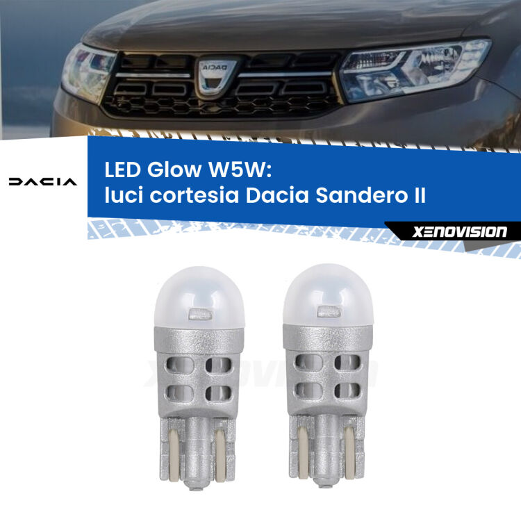 <strong>Luci Cortesia LED luce calda per Dacia Sandero II</strong>  2012 in poi. Coppia lampade <strong>W5W</strong> modello Glow di Xenovision.