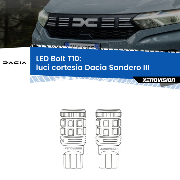 <strong>Luci Cortesia LED per Dacia Sandero III</strong>  2020 in poi. Coppia lampade <strong>T10</strong> modello Bolt canbus.