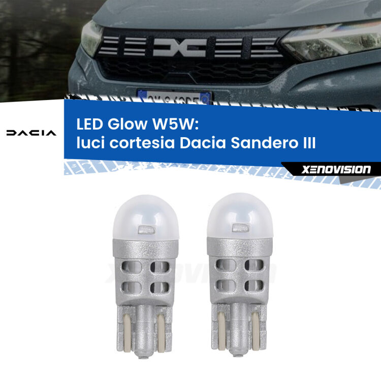 <strong>Luci Cortesia LED luce calda per Dacia Sandero III</strong>  2020 in poi. Coppia lampade <strong>W5W</strong> modello Glow di Xenovision.