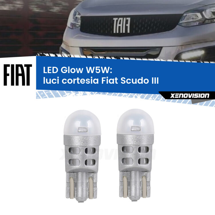 <strong>Luci Cortesia LED luce calda per Fiat Scudo</strong> III 2022 in poi. Coppia lampade <strong>W5W</strong> modello Glow di Xenovision.