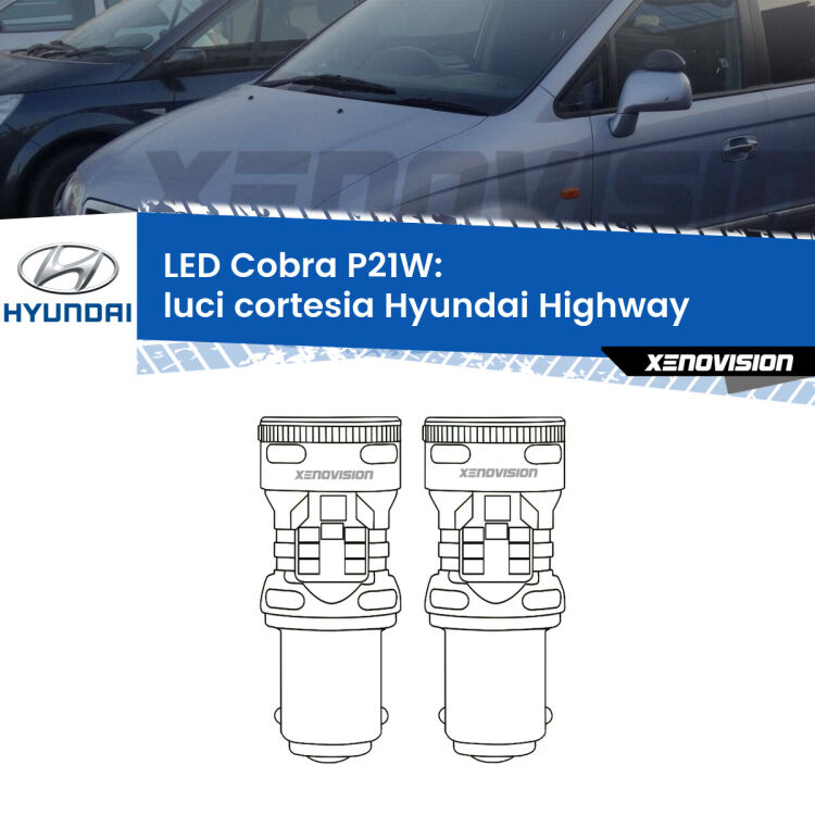 <strong>Luci Cortesia LED no-spie per Hyundai Highway</strong>  anteriori 1ª serie. Coppia lampade <strong>P21W</strong> modello Cobra super-canbus, raffreddate a ventola.