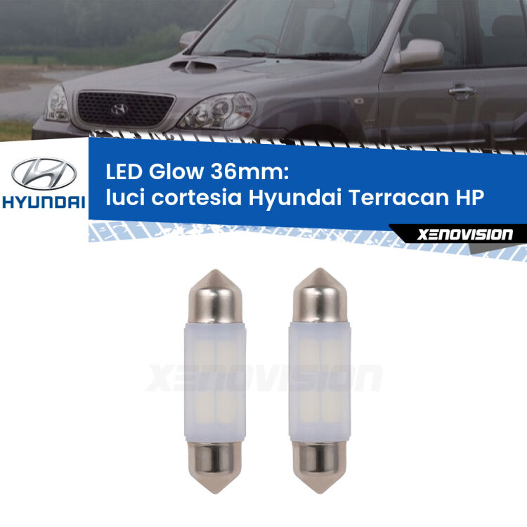 <strong>Luci Cortesia LED luce calda per Hyundai Terracan</strong> HP 2001 - 2006. Coppia lampade <strong>C5W</strong> 36mm modello Glow di Xenovision.