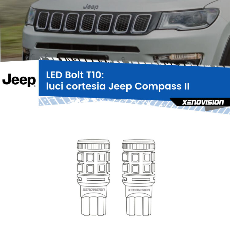 <strong>Luci Cortesia LED per Jeep Compass</strong> II 2017 in poi. Coppia lampade <strong>T10</strong> modello Bolt canbus.