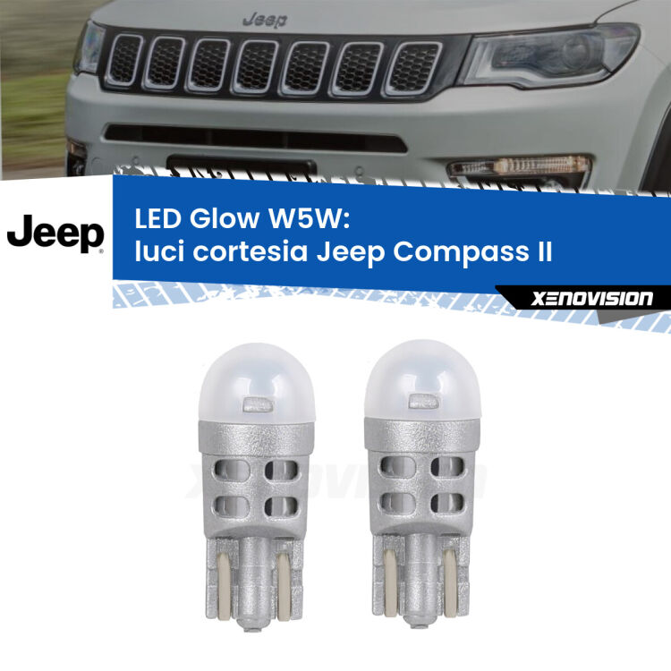 <strong>Luci Cortesia LED luce calda per Jeep Compass</strong> II 2017 in poi. Coppia lampade <strong>W5W</strong> modello Glow di Xenovision.