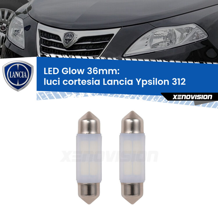 <strong>Luci Cortesia LED luce calda per Lancia Ypsilon</strong> 312 2011 in poi. Coppia lampade <strong>C5W</strong> 36mm modello Glow di Xenovision.