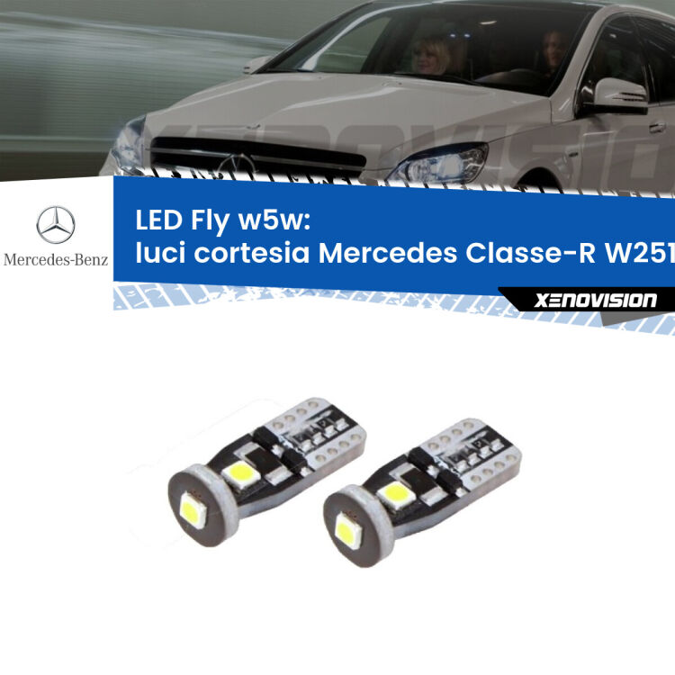 <strong>luci cortesia LED per Mercedes Classe-R</strong> W251, V251 2006 - 2014. Coppia lampadine <strong>w5w</strong> Canbus compatte modello Fly Xenovision.