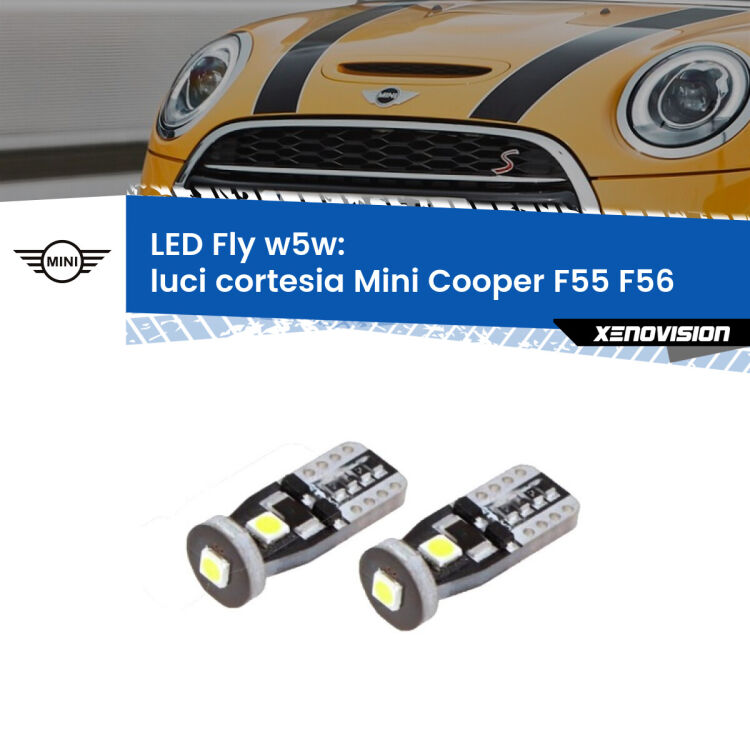 <strong>luci cortesia LED per Mini Cooper</strong> F55 F56 2013 - 2017. Coppia lampadine <strong>w5w</strong> Canbus compatte modello Fly Xenovision.