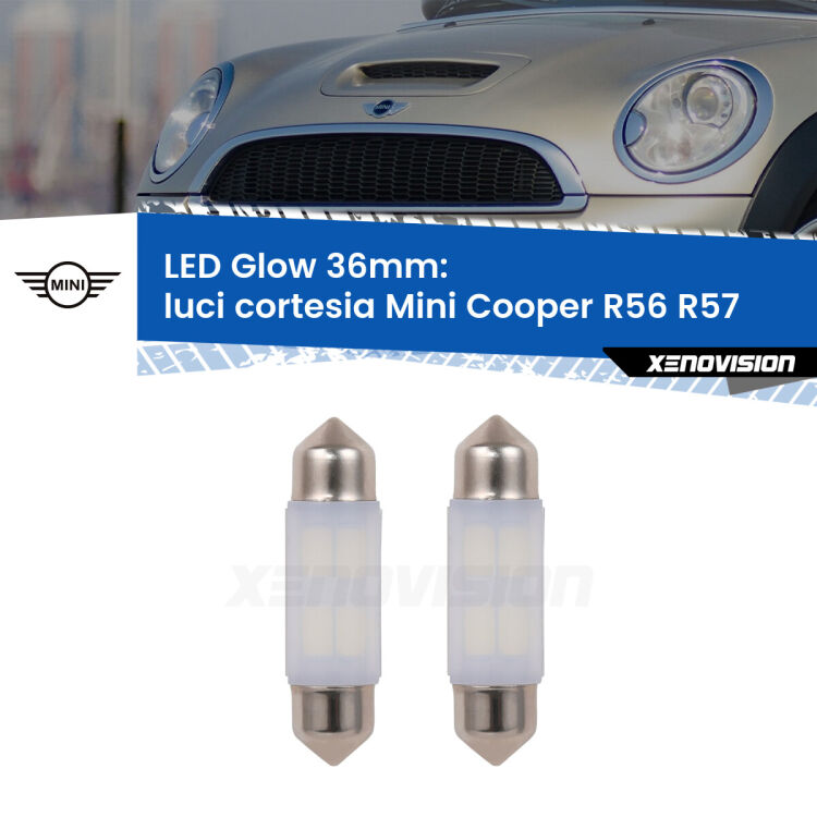 <strong>Luci Cortesia LED luce calda per Mini Cooper</strong> R56 R57 2006 - 2013. Coppia lampade <strong>C5W</strong> 36mm modello Glow di Xenovision.