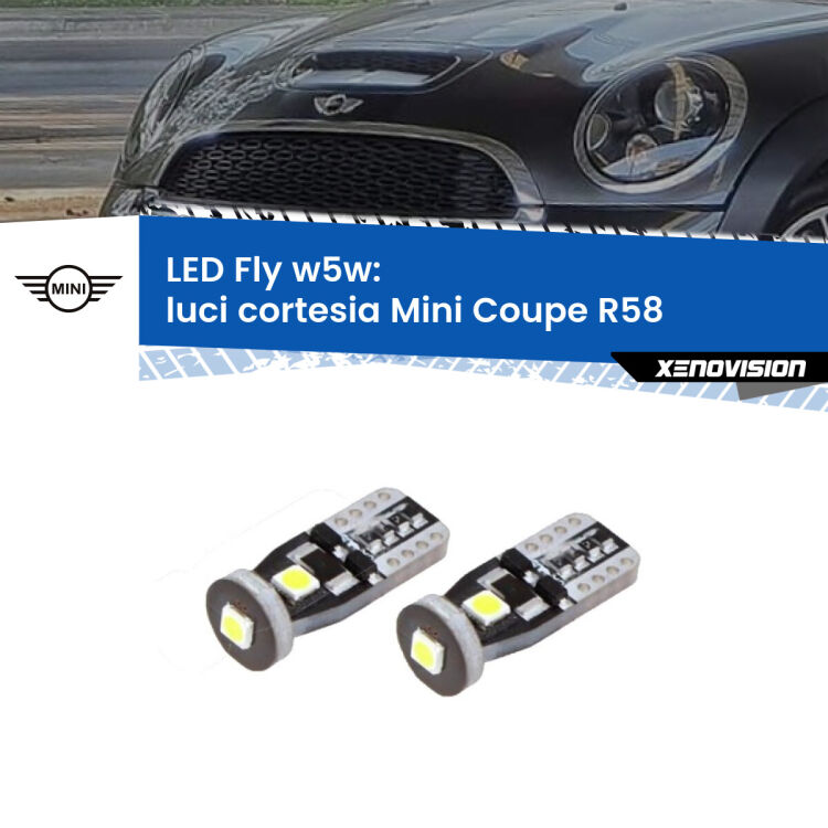 <strong>luci cortesia LED per Mini Coupe</strong> R58 2011 - 2015. Coppia lampadine <strong>w5w</strong> Canbus compatte modello Fly Xenovision.