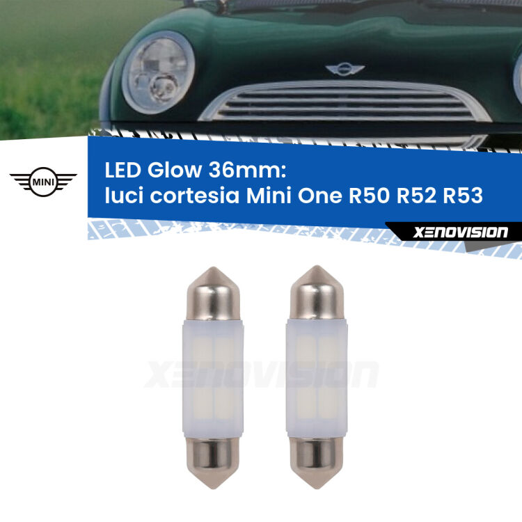 <strong>Luci Cortesia LED luce calda per Mini One</strong> R50 R52 R53 2001 - 2006. Coppia lampade <strong>C5W</strong> 36mm modello Glow di Xenovision.