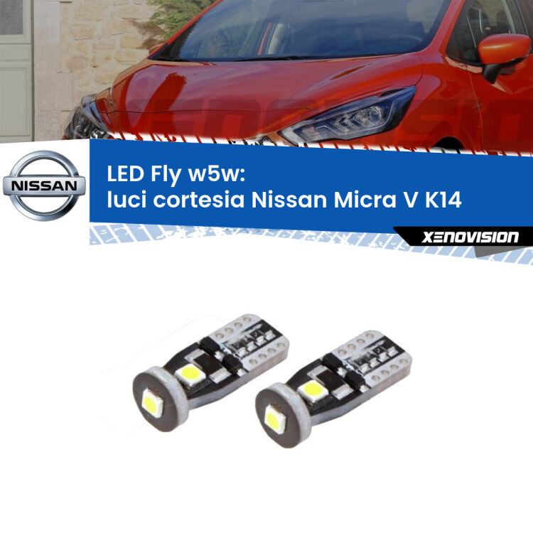 <strong>luci cortesia LED per Nissan Micra V</strong> K14 2016 in poi. Coppia lampadine <strong>w5w</strong> Canbus compatte modello Fly Xenovision.