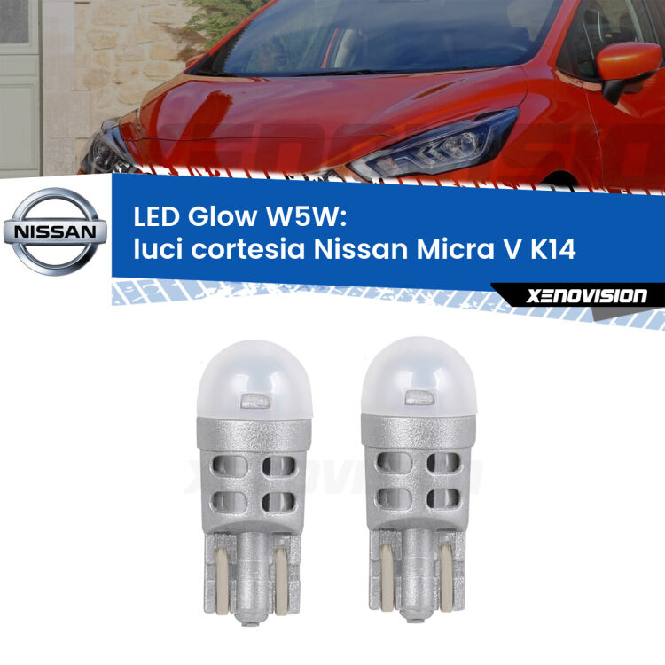 <strong>Luci Cortesia LED luce calda per Nissan Micra V</strong> K14 2016 in poi. Coppia lampade <strong>W5W</strong> modello Glow di Xenovision.