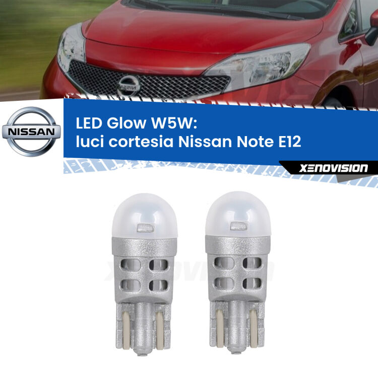 <strong>Luci Cortesia LED luce calda per Nissan Note</strong> E12 2013 in poi. Coppia lampade <strong>W5W</strong> modello Glow di Xenovision.