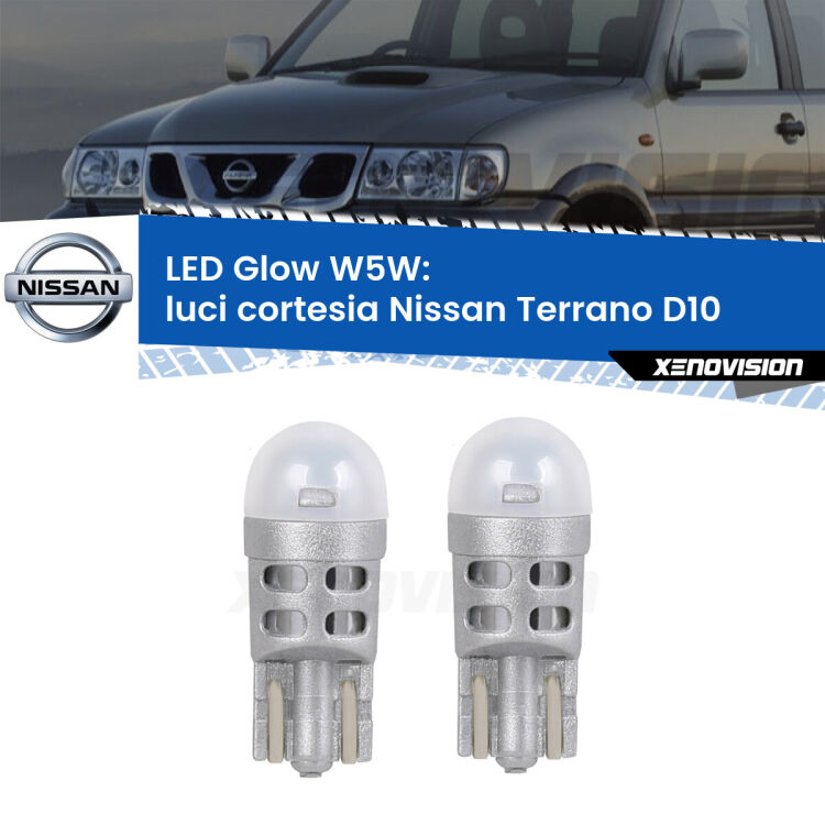 <strong>Luci Cortesia LED luce calda per Nissan Terrano</strong> D10 2013 in poi. Coppia lampade <strong>W5W</strong> modello Glow di Xenovision.