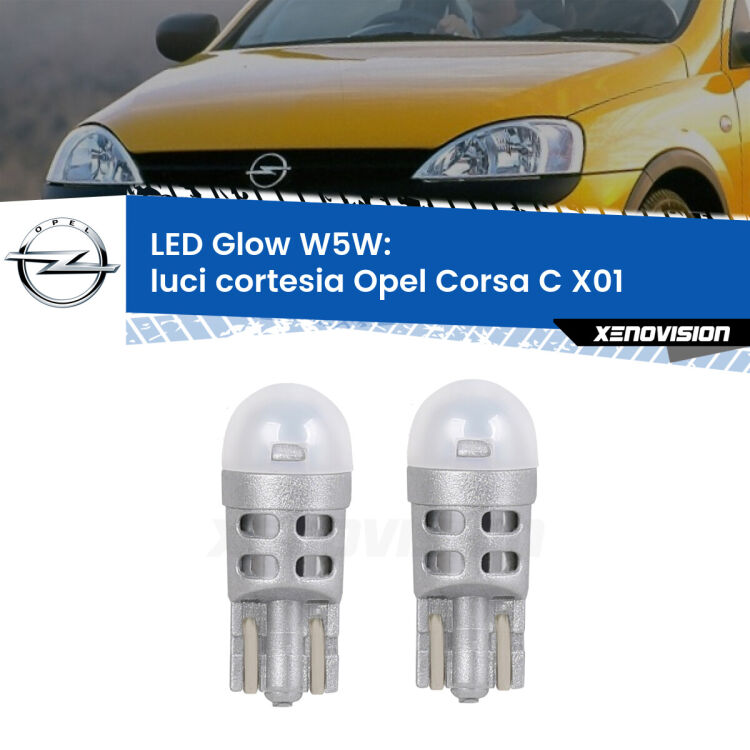 <strong>Luci Cortesia LED luce calda per Opel Corsa C</strong> X01 2000 - 2006. Coppia lampade <strong>W5W</strong> modello Glow di Xenovision.