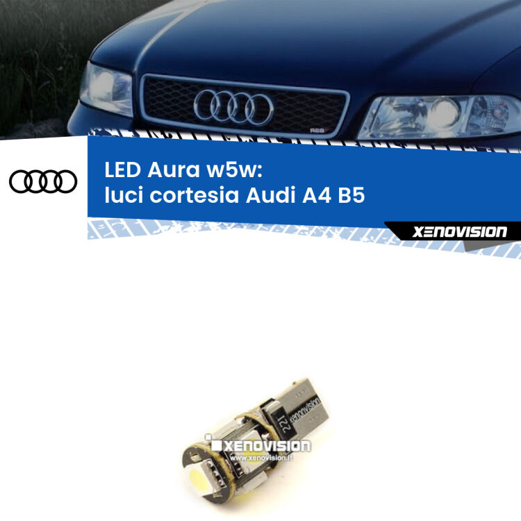 <strong>LED luci cortesia w5w per Audi A4</strong> B5 posteriori. Una lampadina <strong>w5w</strong> canbus luce bianca 6000k modello Aura Xenovision.