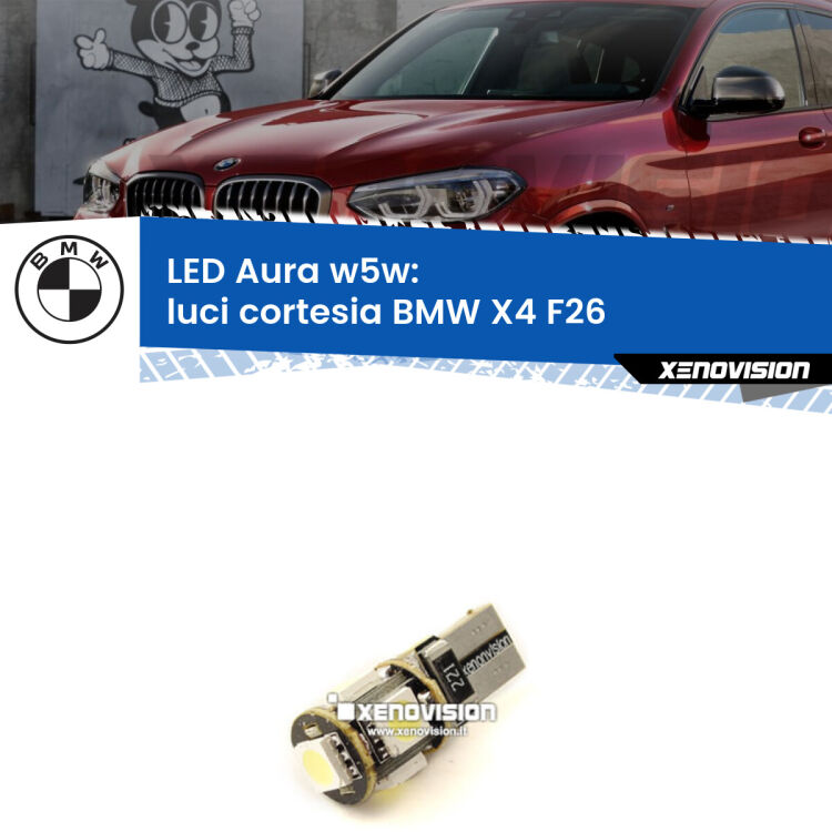 <strong>LED luci cortesia w5w per BMW X4</strong> F26 2014 - 2017. Una lampadina <strong>w5w</strong> canbus luce bianca 6000k modello Aura Xenovision.