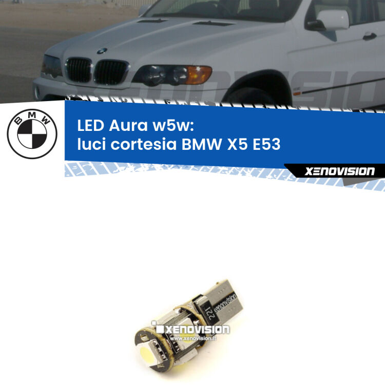 <strong>LED luci cortesia w5w per BMW X5</strong> E53 1999 - 2005. Una lampadina <strong>w5w</strong> canbus luce bianca 6000k modello Aura Xenovision.