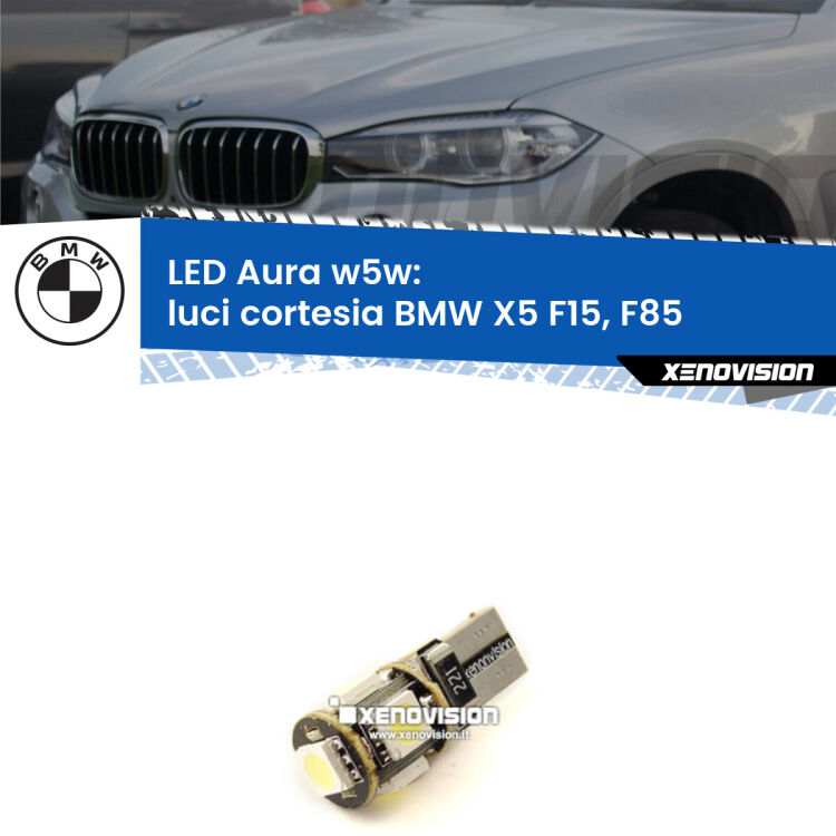 <strong>LED luci cortesia w5w per BMW X5</strong> F15, F85 2014 - 2018. Una lampadina <strong>w5w</strong> canbus luce bianca 6000k modello Aura Xenovision.