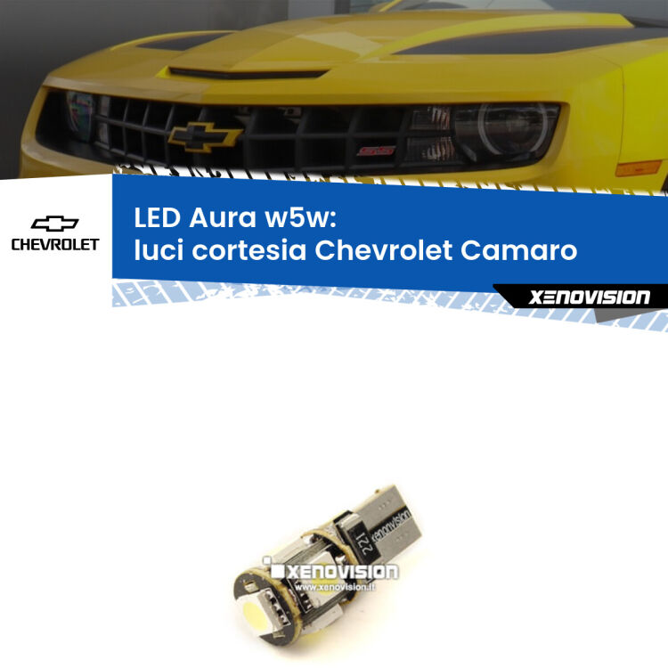 <strong>LED luci cortesia w5w per Chevrolet Camaro</strong>  2011 - 2015. Una lampadina <strong>w5w</strong> canbus luce bianca 6000k modello Aura Xenovision.