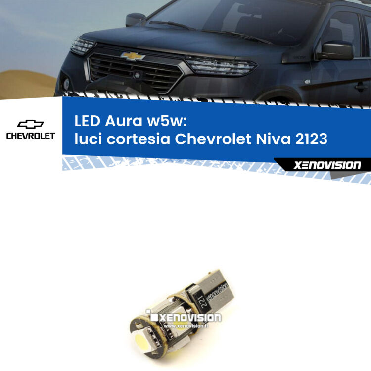 <strong>LED luci cortesia w5w per Chevrolet Niva</strong> 2123 2002 - 2009. Una lampadina <strong>w5w</strong> canbus luce bianca 6000k modello Aura Xenovision.