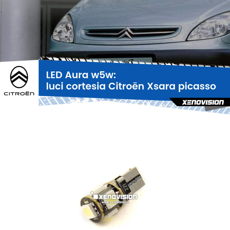 <strong>LED luci cortesia w5w per Citroën Xsara picasso</strong>  1999 - 2012. Una lampadina <strong>w5w</strong> canbus luce bianca 6000k modello Aura Xenovision.