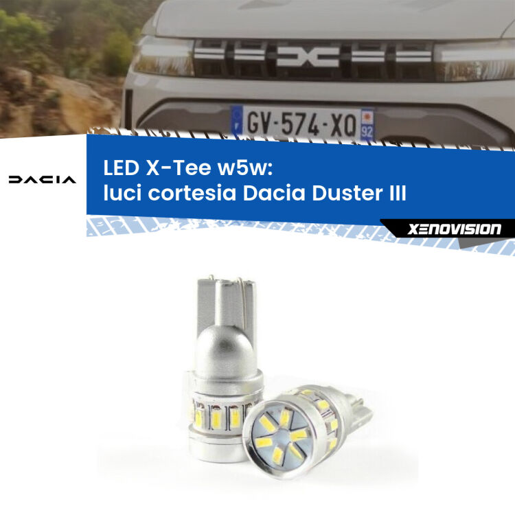 <strong>LED luci cortesia per Dacia Duster</strong> III 2024 in poi. Lampade <strong>W5W</strong> modello X-Tee Xenovision top di gamma.